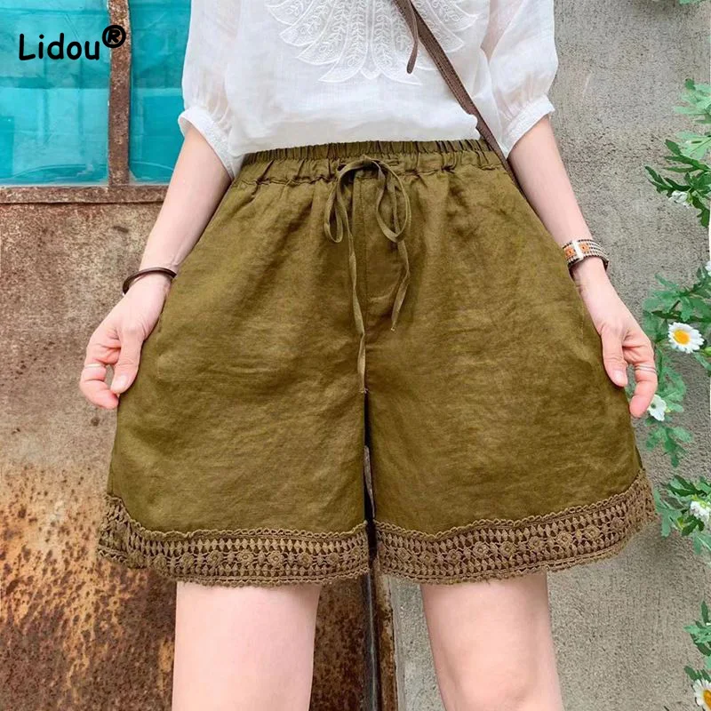 Cotton Linen Shorts for Women Retro Literature and Art Embroidery Lace Up Elastic Waist Pockets Casual Wide Leg Five Cent Pants