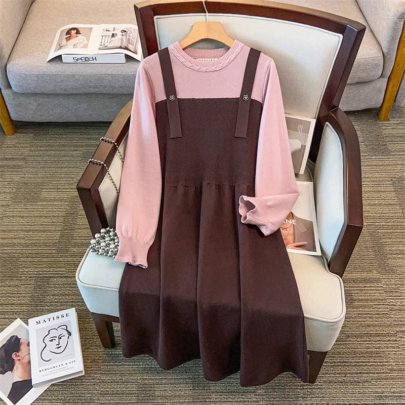 155Kg Plus Size Women's Bust 160 Autumn Winter Long O-Neck Long Sleeved Sweater Dress 4XL 5XL 6XL 7XL 8XL 9XL