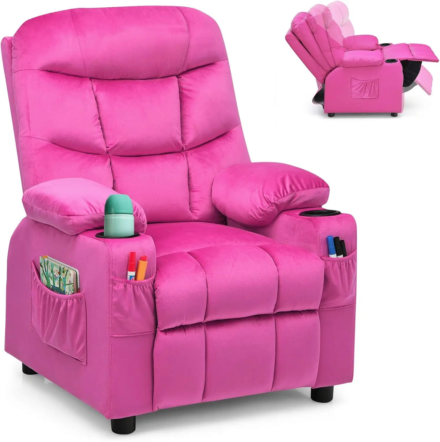 Kids Velvet Recliner Chair with Cup Holder, Footrest & Side Pockets for Children Boys Girls Baby Bedroom, Adjustable, Ergonomic