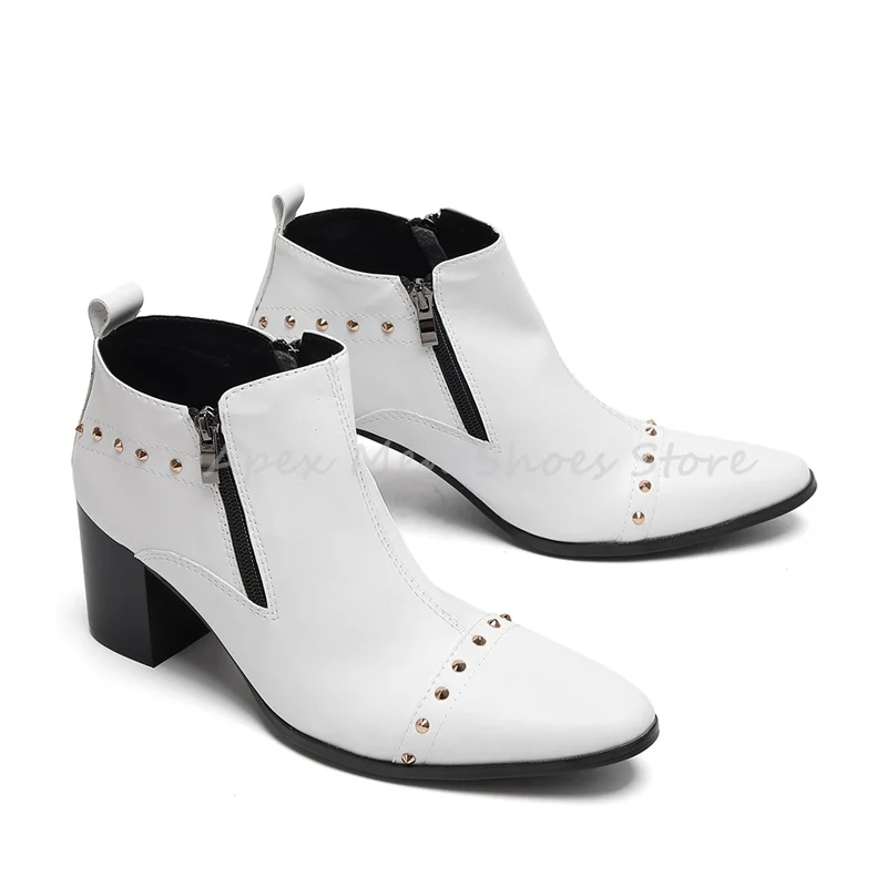 

Мужские белые ботильоны на массивном каблуке, кожаные ботинки челси со змеиным узором и острым носком на молнии, вечерние модельные туфли с заклепками в стиле вестерн