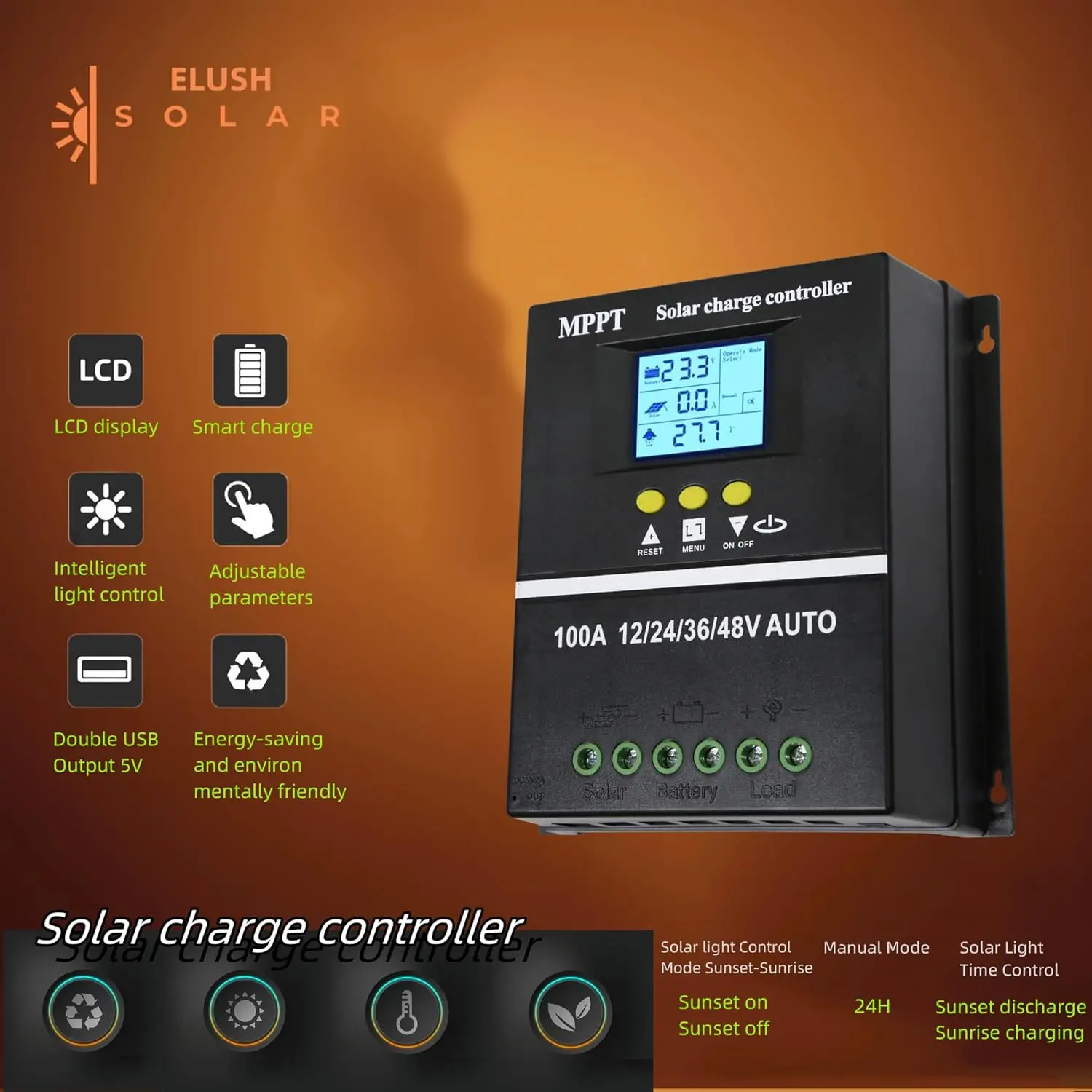 Premium 100A MPPT Solar Charge Controller, 12/24/36/48V, LCD & Dual USB, for Lead-Acid & Lithium Batteries