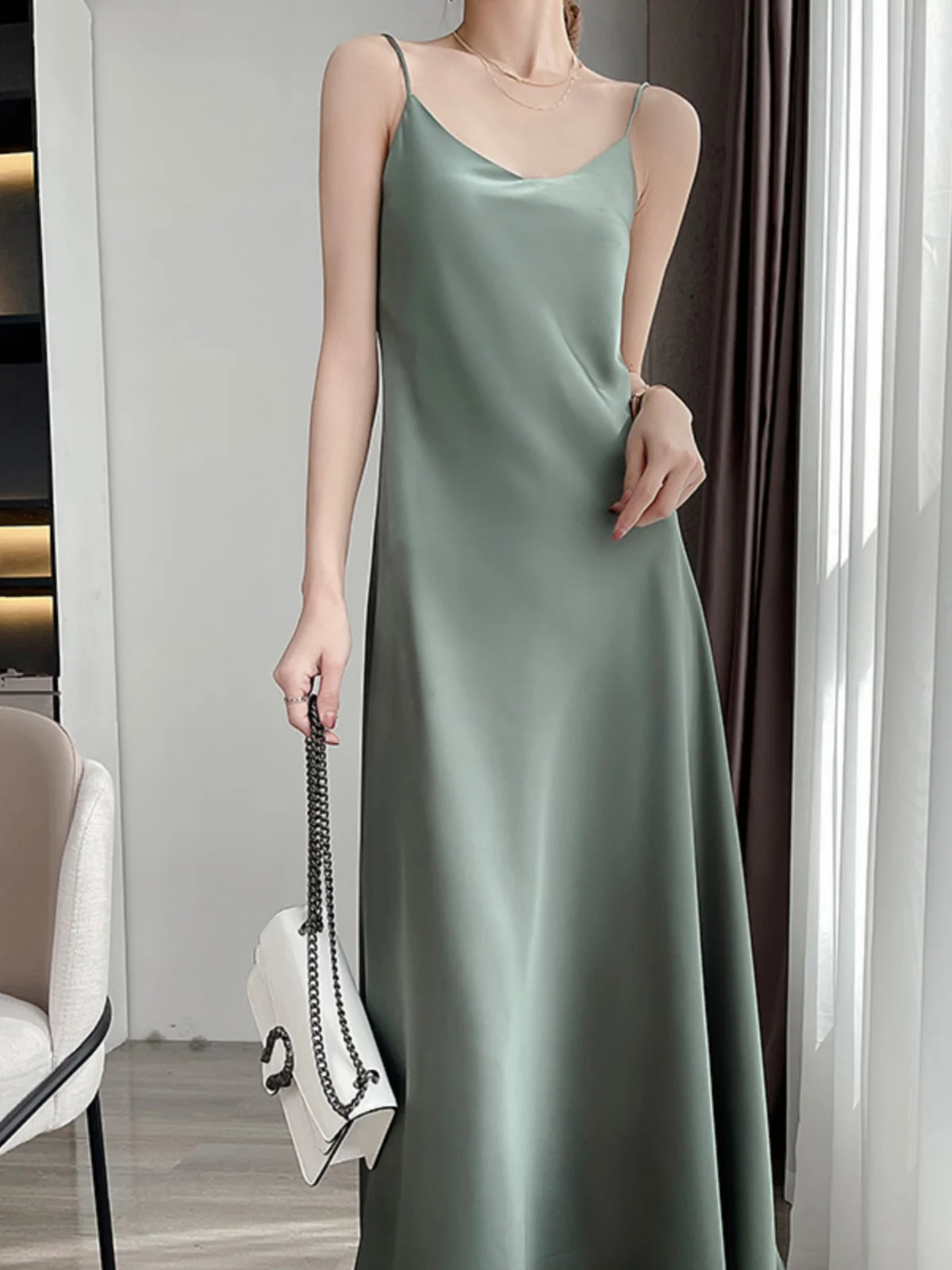 Soie Satin Wrap Dr Jupe longue intérieure ample d'été pour femmes Design Fée Feel Petite ence Taille haute Robe trapèze V-Ne Sl...