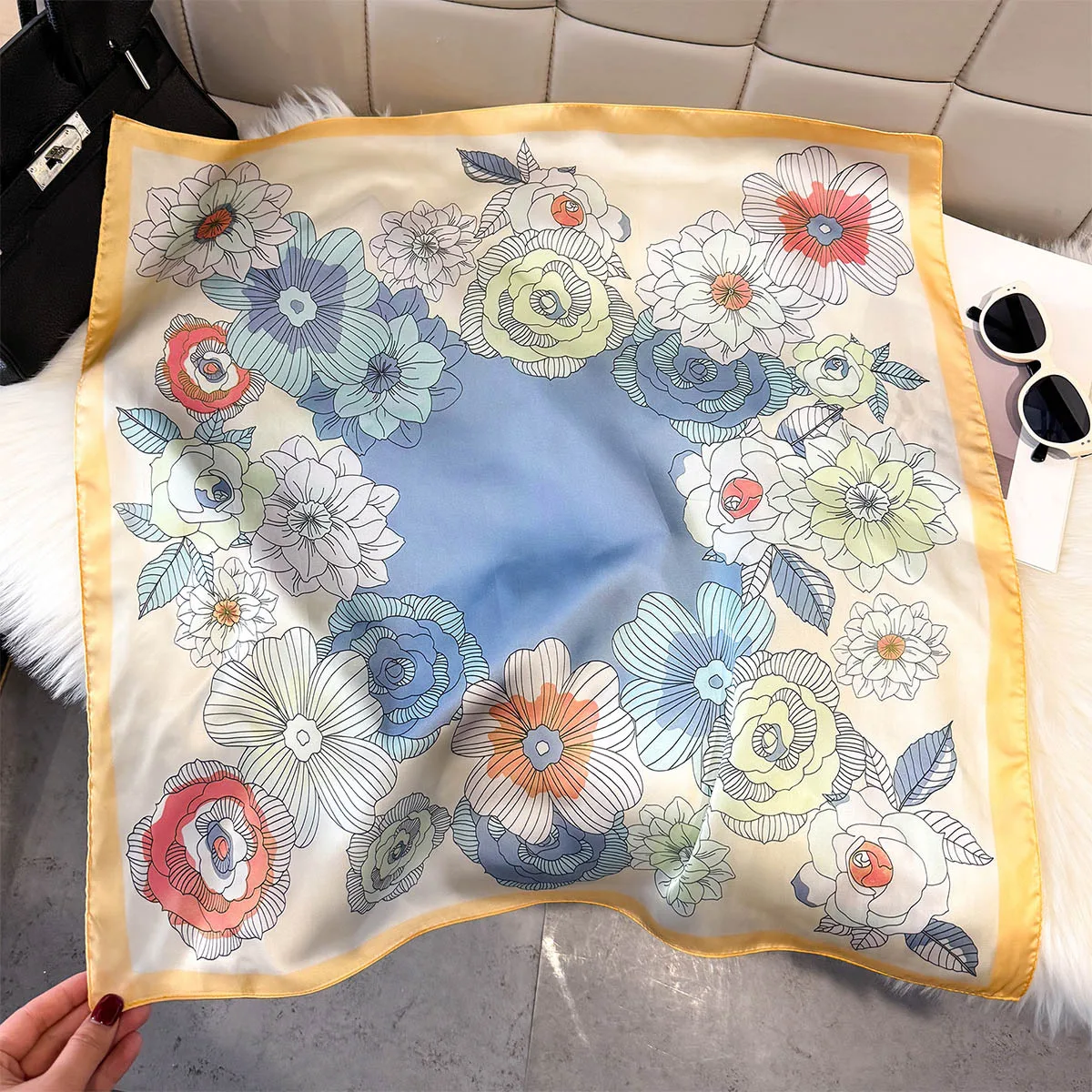 

Spring Silk Scarf Women Luxury Floral Print Soft Satin Kerchief Hairband Neckerchief Head Hijab Lady Headband Foulard Bag Ribbon