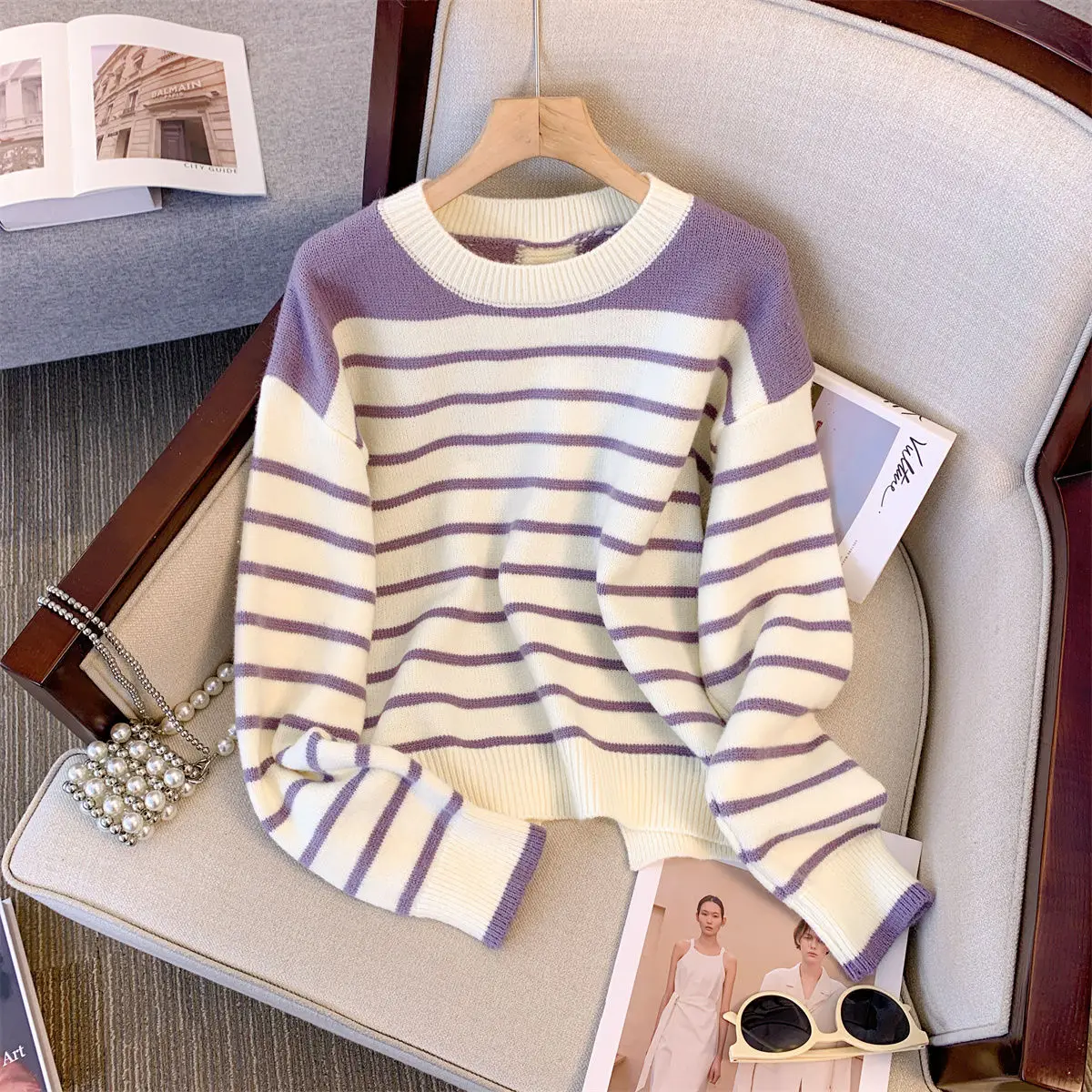 

Design Sense Striped Sweater Women's 2023 New Loose And Lazy Autumn Soft Round Neck Long Sleeve Top