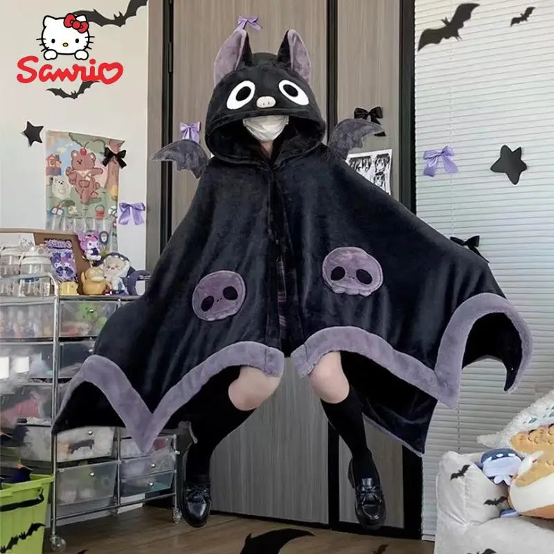 Kuromi Bat Plush Velvet Cloak Pajamas Y2K Anime Shawl Shark Foxes Sleepwear Adults Winter Thickened Pajamas Female Blanket Cape