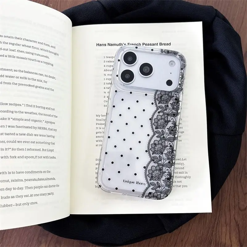 Ins Polka Dots Lace White Black Kawaii Phone Case For iPhone 18 17 Air 16 15 14 13 12 11 Pro Max Plus MINI Y2K Lovely Cover view 3