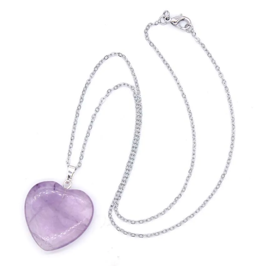 Charms 25mm Natural Crystal Heart Stone Pendant Necklace For Women Amethyst Rose Quartz Agate Choice Men Pendants Jewelry Gifts