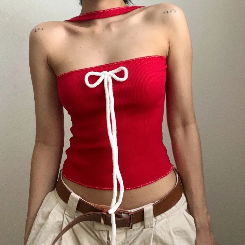 

Winter New Style Sweet and Spicy Bow Tie strapless Top Women's Short Bottom Small Tank Top