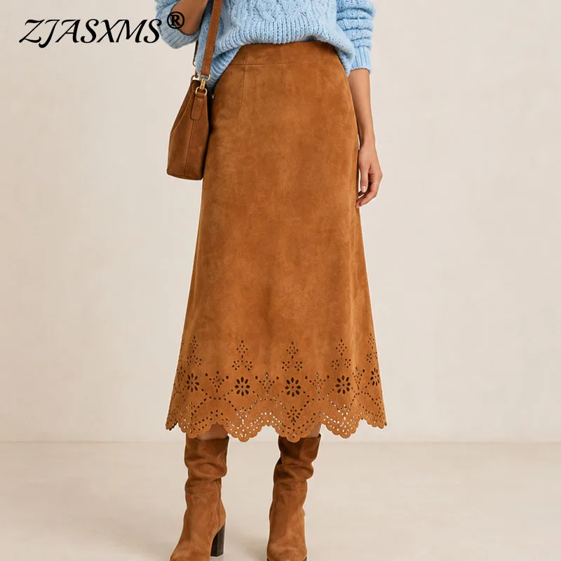 Women Suede Hole Skirt High Waist A‑Line Scalloped Hem Skirt Retro Bohemian Western Casual Street Fall Winter Ladies Long Skirts
