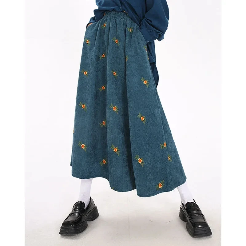 

Floral Embroidery Corduroy Skirt Women Elastic Waist A Line Loose Casual Mid Calf Skirt Female Classy Mujer Solid Color Skirt