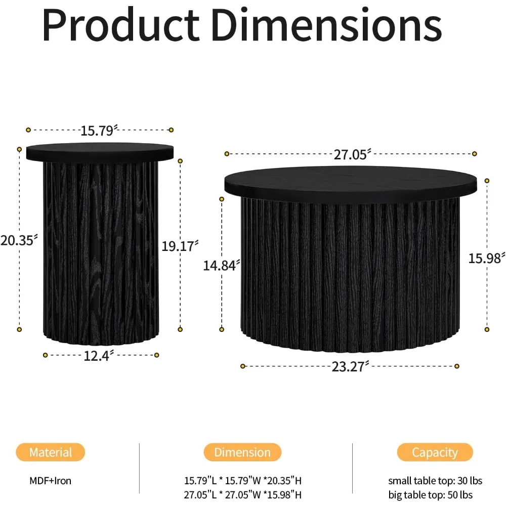 Set di 2 tavolini da caffè impilabili in legno, tavolini rotondi moderni con piedini antiscivolo, tavolini scanalati Nesting per soggiorno Bal