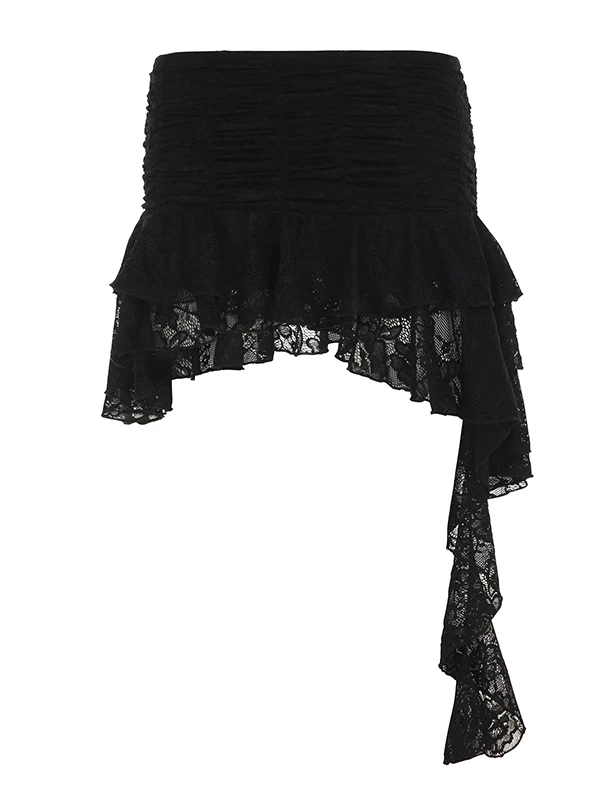 

Romore Low Waist Bla Asymmetrical Skirt with Lace Details And Pleated Design Sexy Sle f-length A-line Skirt