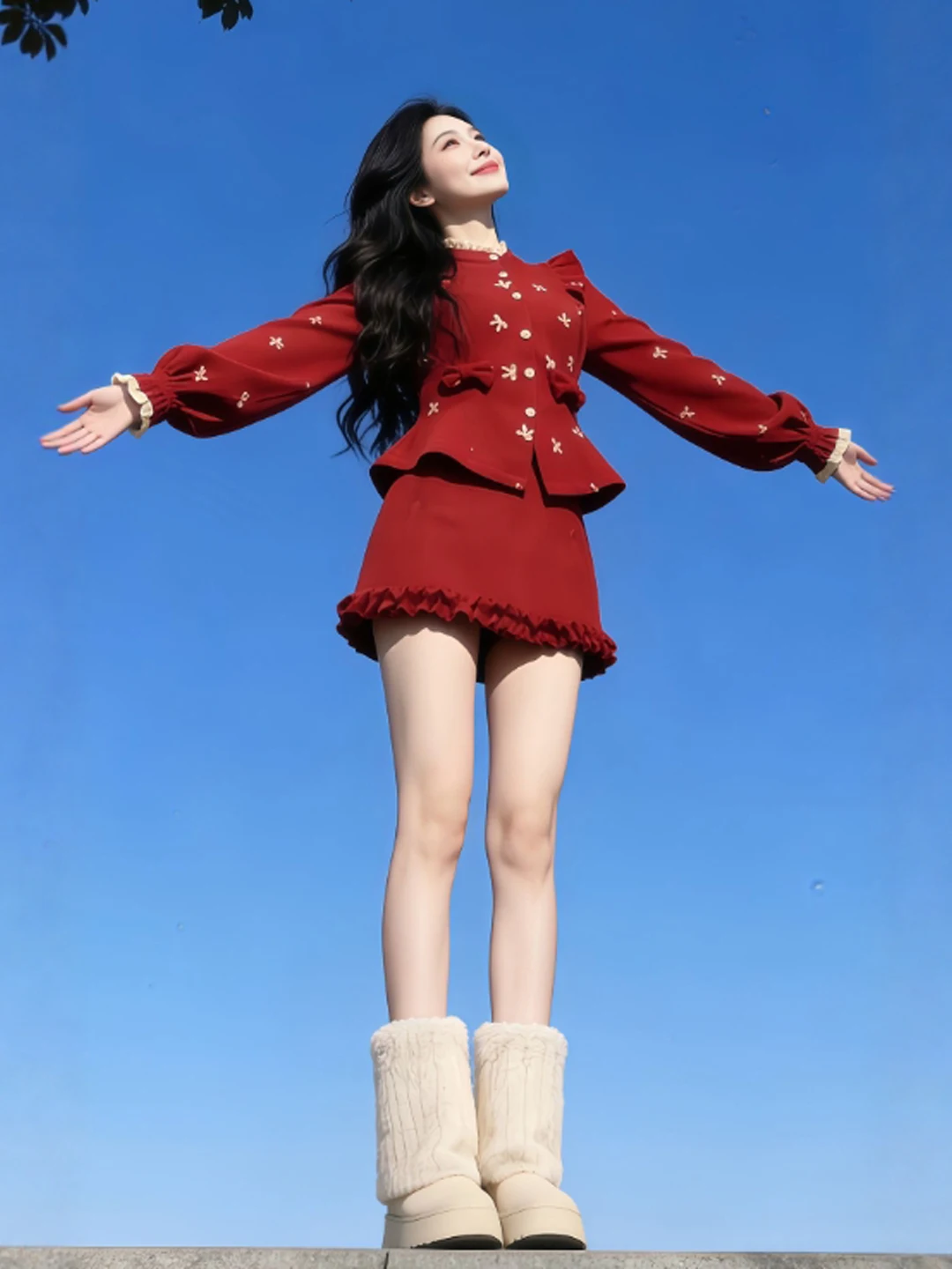 

Cisas Theme Gentle Red Top And Skirt Set Women's Faionable Ensemble High Waist Warm Winter Outfit Comfortable Cotton