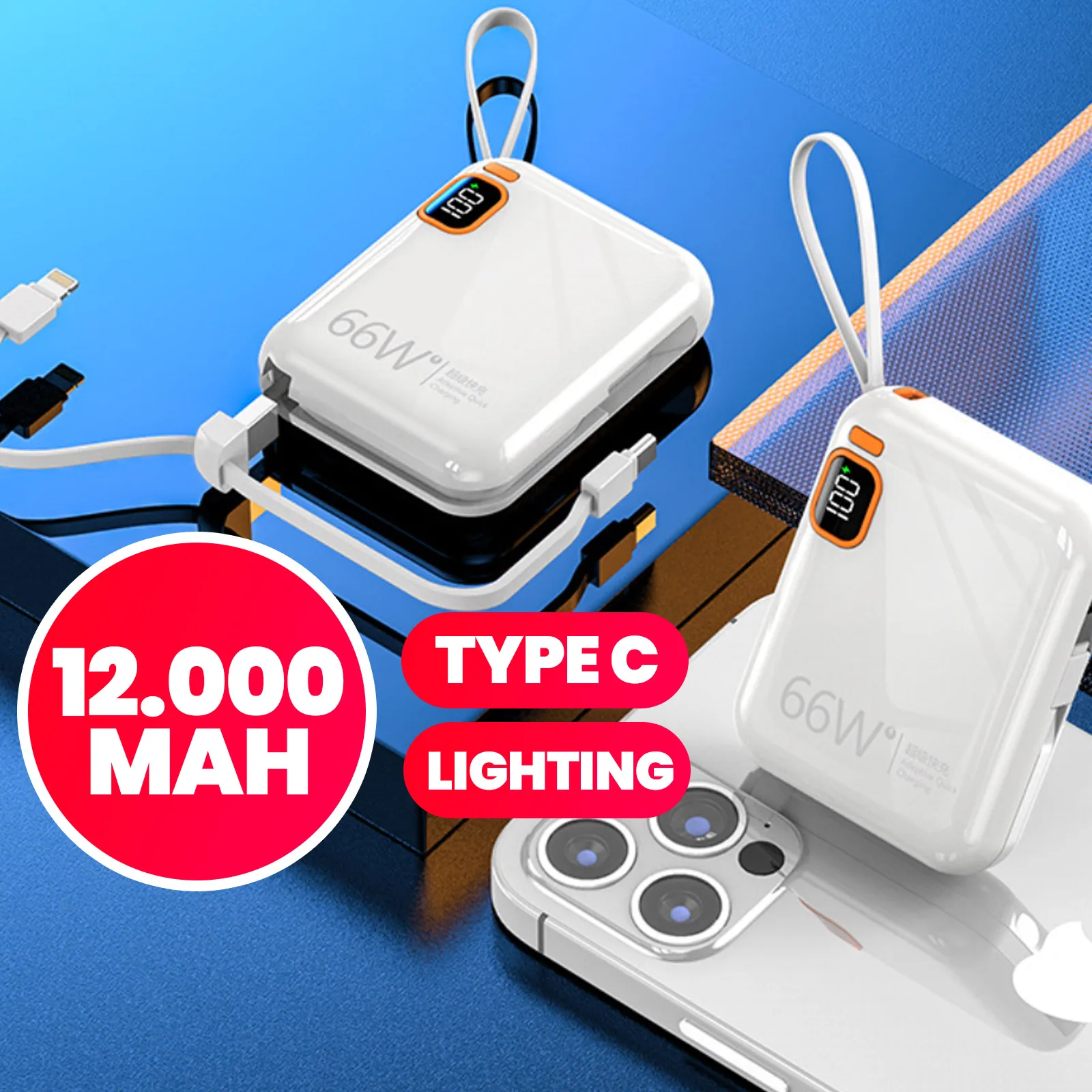 Power Bank 12000mAh Compacto Carregador Rápido Com Cabo Integrado Duplo Recarga Super Rápida Para Viagens e Dia a Dia