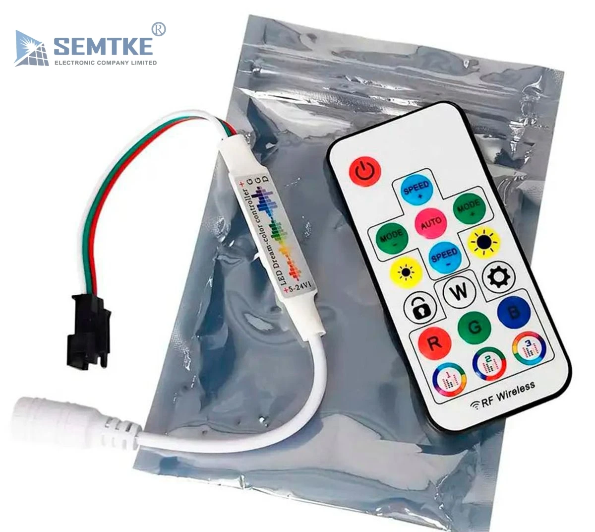 RF17-Button Color-Changing Music LED Strip Controller with DC Connector, Full-Color 5-24V LED Strip, Voice-Controlled Dimming