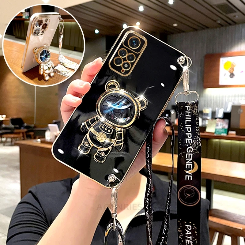 Note11s Crossbody Lanyard Plating Case On dla Xiaomi Redmi Note 11 pro 4g 5g 11s 10 10s 11pro 9 8 Astronaut Silicone Stand Cover