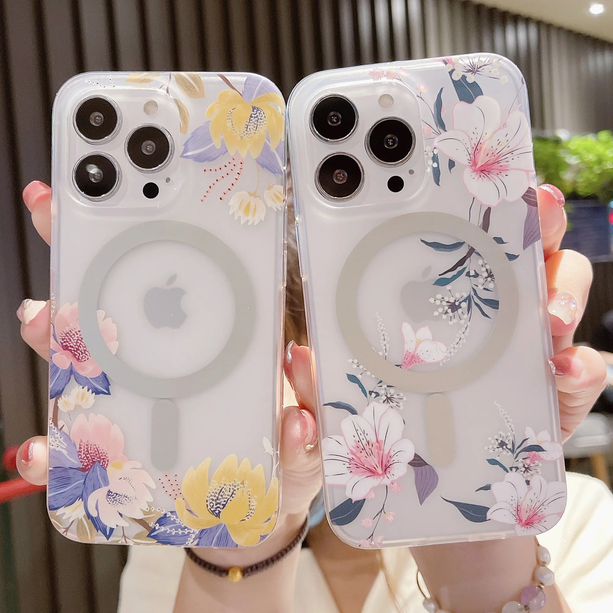 Frosted Transparent Flowers Case For iPhone 16 Pro Max 16 Plus Magsafe Magnetic Cover For iPhone 15 Pro 14 13 12 11 Luxury Cases