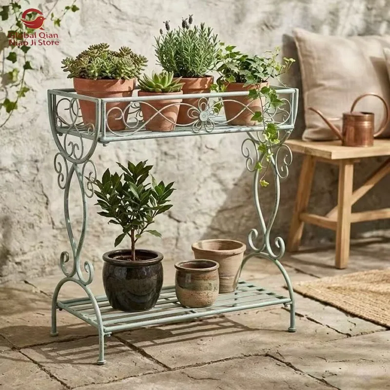 American Country Style Vintage Distressed Iron Double-Layer Planter Stand, Simple Assembly Required