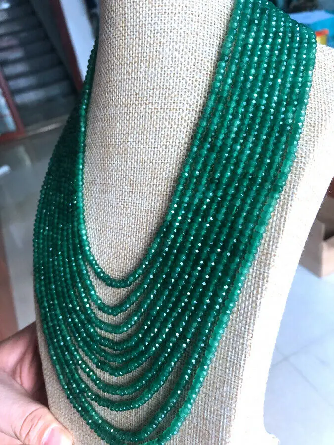 AA NATURAL 10 Rows 2X4mm FACETED GREEN EMERALD ABACUS BEADS NECKLACE17-25 INCH