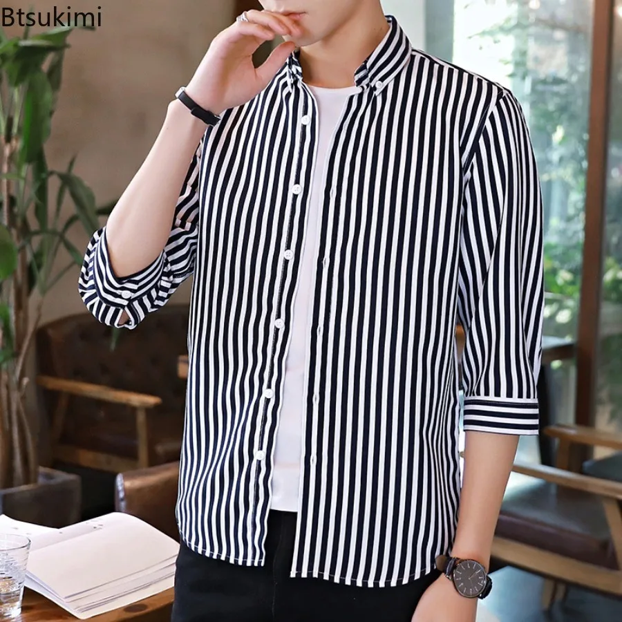 Spring Autumn New Men's Classic Stripe Shirts Fashion Single-breasted Lapel Three Quarter Sleeve Casual Shirt Coats Men Clothing