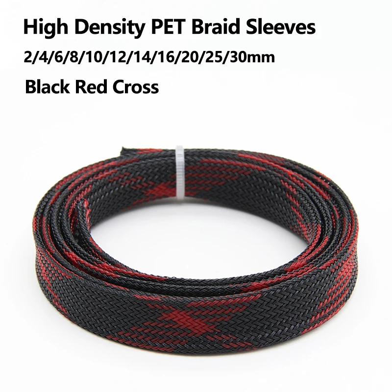 

1~50m Black-Red Cross PET Braid Sleeves 2/4/6/8/10/12/14/16/20/25/30mm High Density Insulated Snake Skin Cable Wrap Sheath