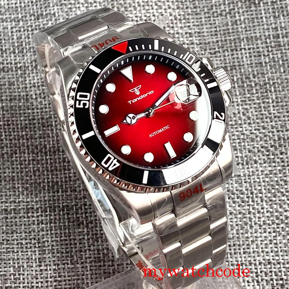 40mm Tandorio marka NH35AA czerwona tarcza szafirowy kryształ świecący automatyczny męski zegarek bransoletka z ostrygami