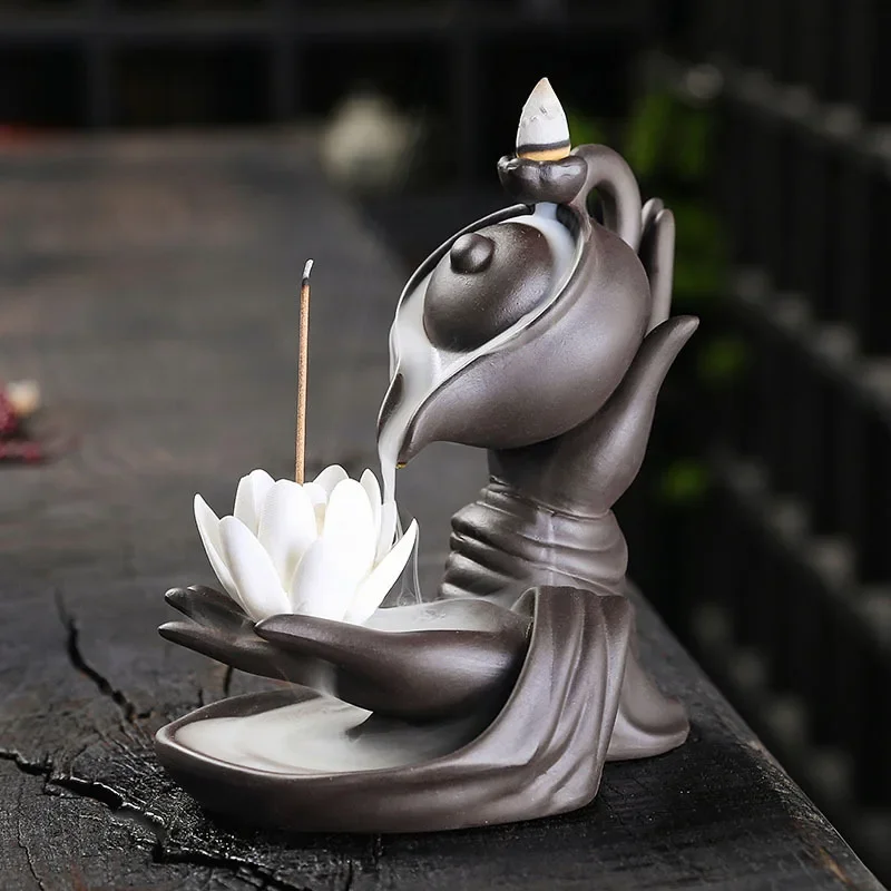 Zen-Meditation, Entspannung, handgefertigt, lila Ton, Rückfluss-Räuchergefäß, Lotus-Buddha, Hand-Design, Räuchergefäß – kein Räucherwerk