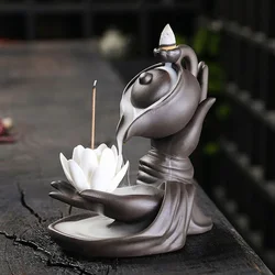 Zen Meditation Relaxation Handcrafted Purple Clay Backflow Incense Burner Lotus Buddha Hand Design Incense Burner -No Incense