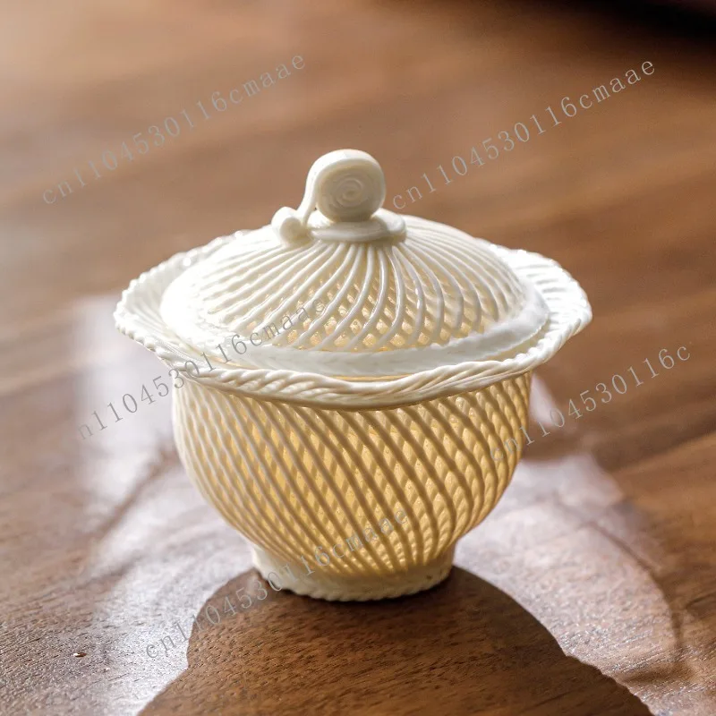 Pure Handmade Master Woven Jade Treasure Lamp Exquisite Chinese Ceramic Two Talent Cover Bowl Kung Fu Tea Set Tea Bowl