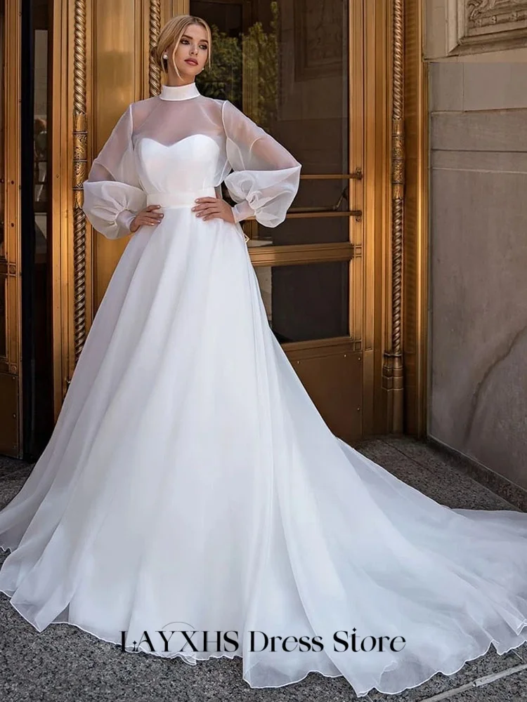 LAYXHS シンプルなウェディングドレス ハイネック A ライン 長袖 オーガンザ ボタン リボン ブライダル ドレス カスタマイズ hochzeitspartykleid
