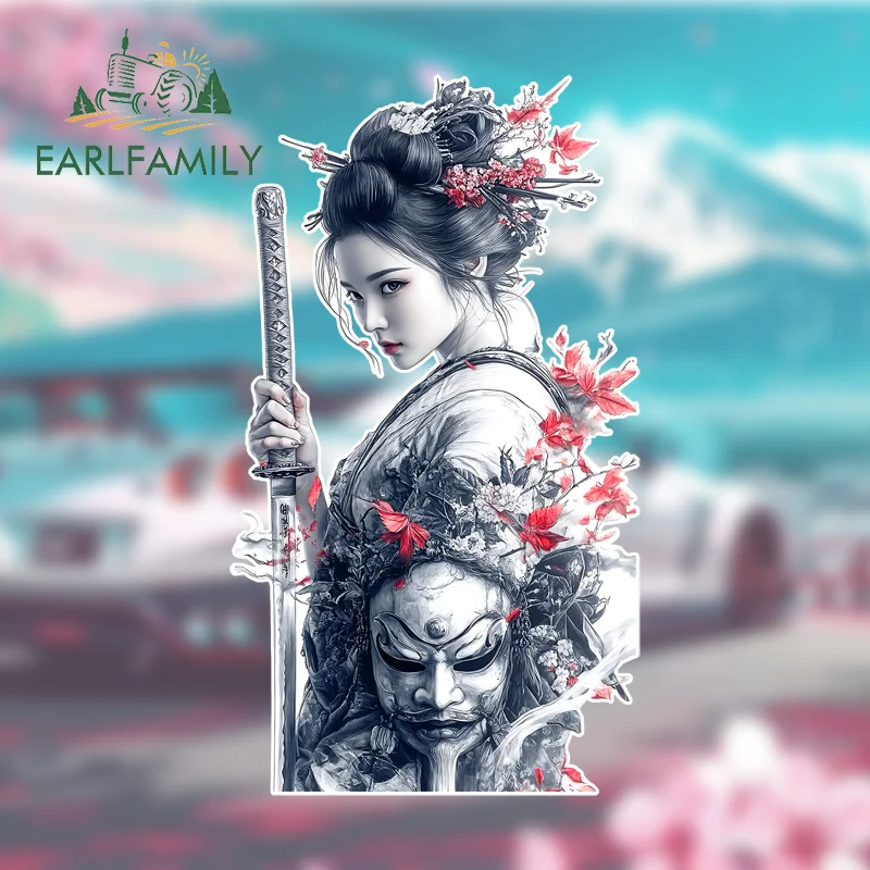 

EARLFAMILY Samurai Female Japanese Black Style Car Sticker Occlusion Scratch Caravan Laptop Decals Waterproof Amusing Car Goods