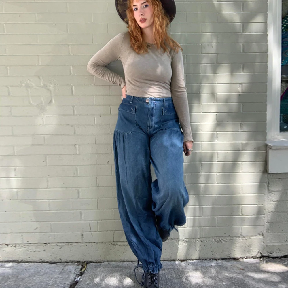 กระเป๋าขากว้างจีบกางเกงยีนส์ผู้หญิงสบายๆผ้าฝ้าย DENIM หลวม Boho Beach กางเกงผู้หญิงความยาวเต็มกางเกงฤดูใบไม้ผลิฤดูร้อน