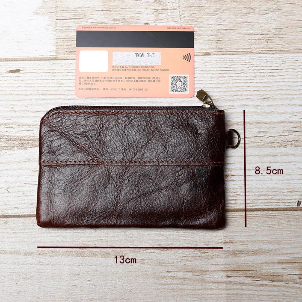 Ultra-thin genuine leather coin purse card holder, men's casual retro zipper card bag, simple ID document pouch