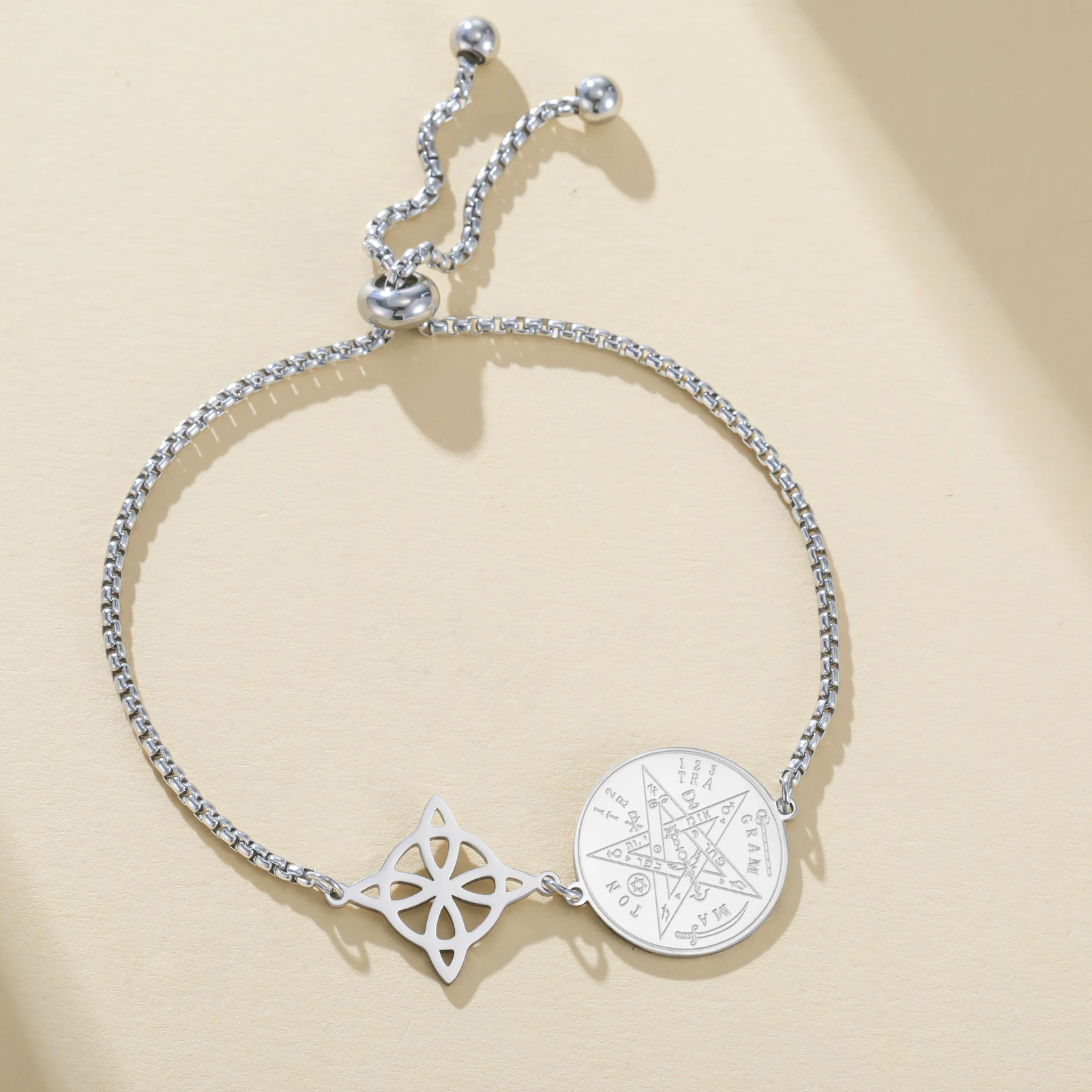 Kkjoy Edelstahl Doppelseitiges Rundes Solomon-Pentagramm Hexenknoten Verstellbares Mädchen-Armband Schutz-Schmuck Geschenk für Frauen – Detail 3
