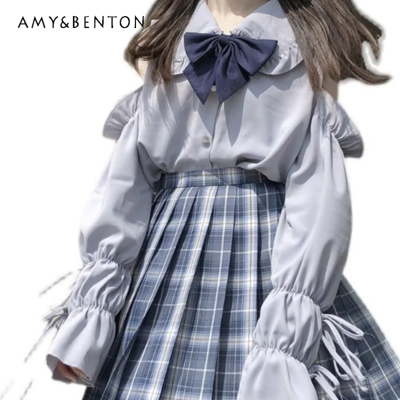 

2024 Summer New Japanese JK Uniform Lolita Gray Blue Long Short Sleeved Off The Shoulder Lapel Cuff Strap Design Top For Girl