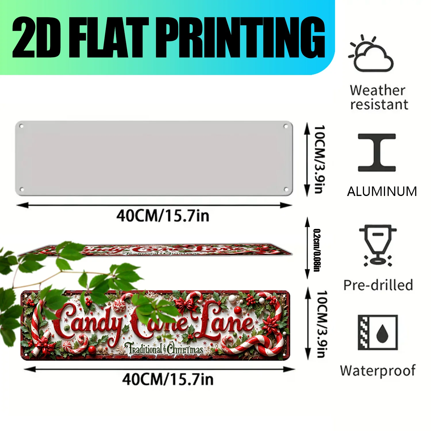 2D Flat, 1pc Vintage Candy Cane Lane Sign - Large 15.7x3.9 Inch (40x10cm) Red & White Christmas Decoration with Candy Canes,