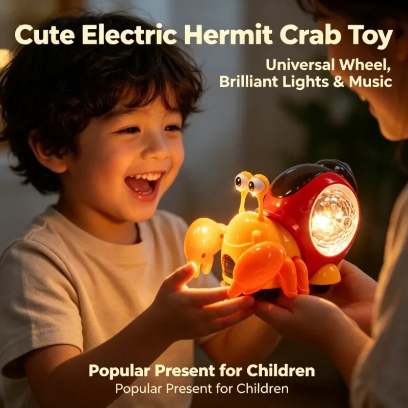 Cute Battery Powered Hermit Crab Crawl Toy All-direction Wheel Dynamic Light & Music Educational Kids Play Gift