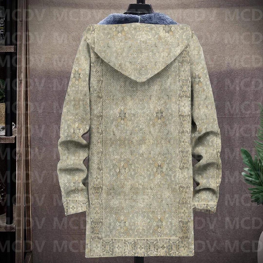 Men's Retro Pattern Print Plush Thick Long-Sleeved Coat Fleece Hooded Overcoat Men Thick Warm Jacket