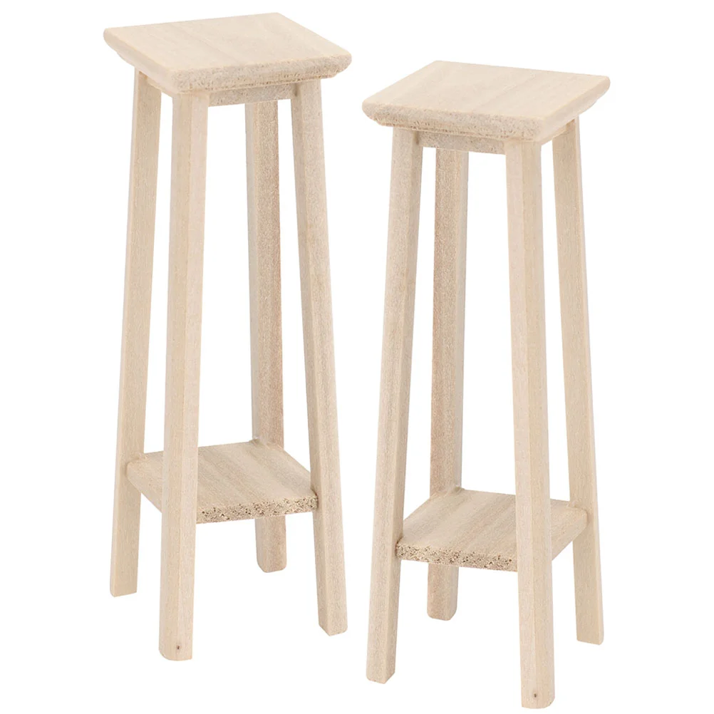 

2 Pcs Mini High Stool House Furniture Props Chairs Bar Miniature Flower Rack Model Plant Pot Wooden Stand