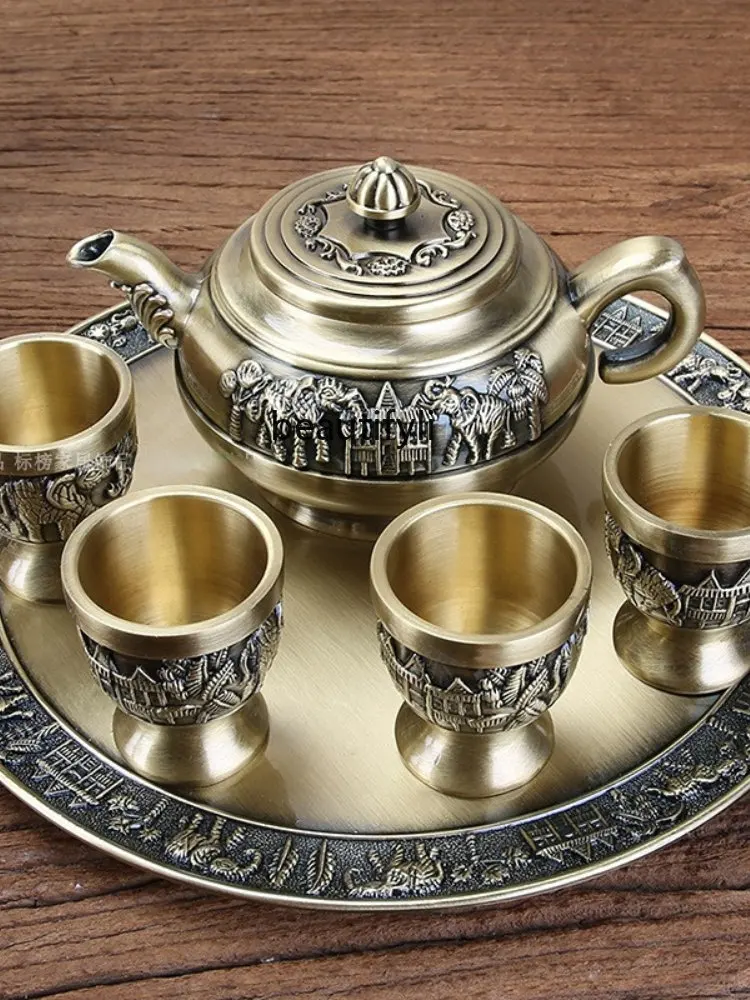 yj Kung Fu Tea Set Bronze Vintage Creative Fine Carved Elephant Liquor and Spirit Glass with Tray Set