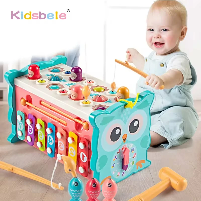 Multifunctional Xylophone Playing Color Fishing Toy Whack-a-mole Toy Digital Clock Preschool Educational Toy for Child