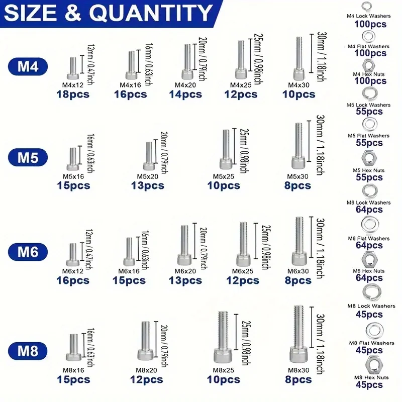 1018-Piece Bolt Set, Stainless Steel Hexagonal Bolt and Nut Combination Set, High-Quality hardware Accessories