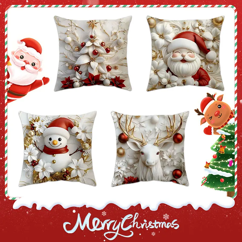2D Christmas Pillow Cover Happy 2026 New Year Living Room Decorations Xmas Home Decor Christmas Characters Floral Pattern Pillow