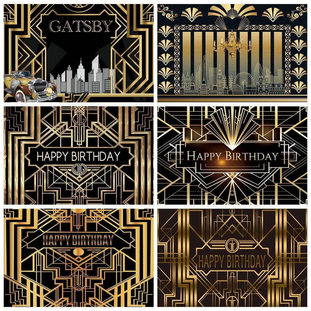 

Great Gatsby Theme Birthday Photography Backdrop Retro Black Gold Building Art Event Adult Birthday Party Photo Background Decor