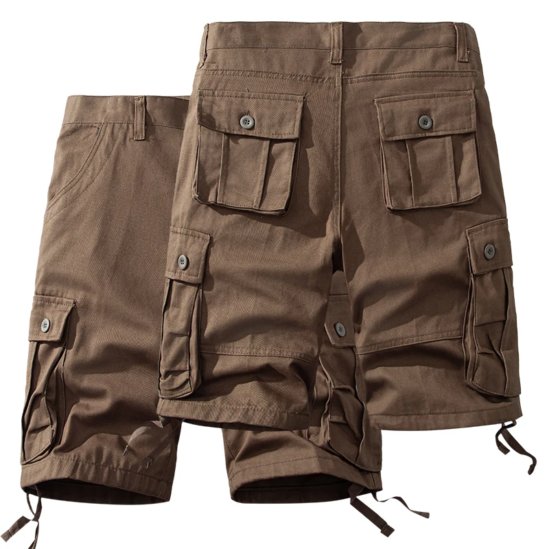 Men\'s Summer Cargo Shorts Pure Cotton Half Pants with Pockets Large Size Regular Fit Homme Brown White Hiking Sport Knee Shorts