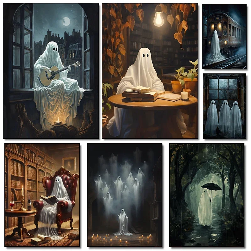 1pc frameless Canvas Painting Fun White Ghost Dark Academy Halloween Horror Retro Posters Prints Canvas Painting Wall Art Pictur