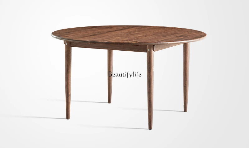 

Black walnut round dining table and chair combination Italian minimalist household solid wood table