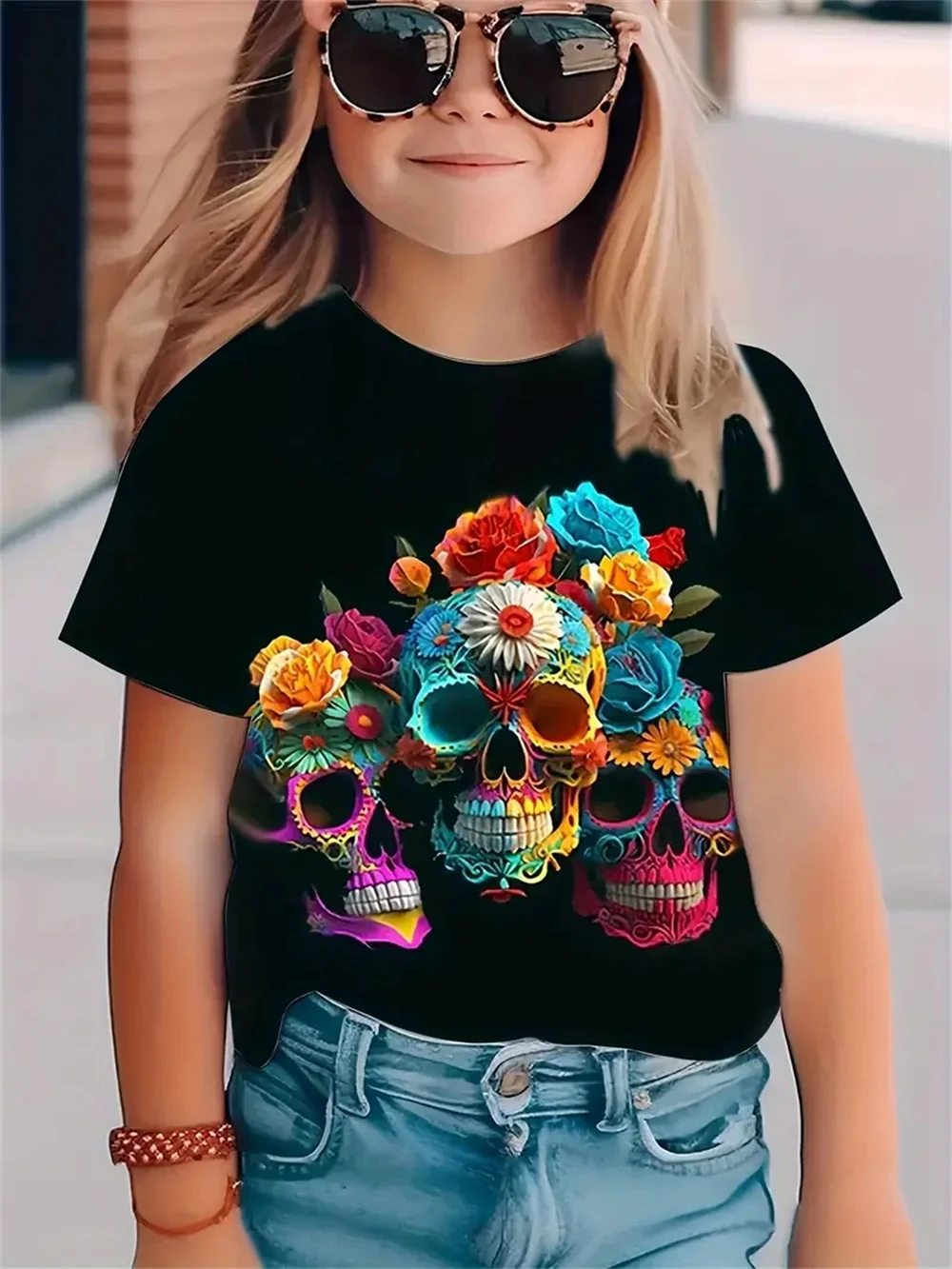 Girls' T-Shirts Summer Retro Skull 3d Print Fashion Short Sleeved Tops Tee Casual T-Shirts Girls' Clothing