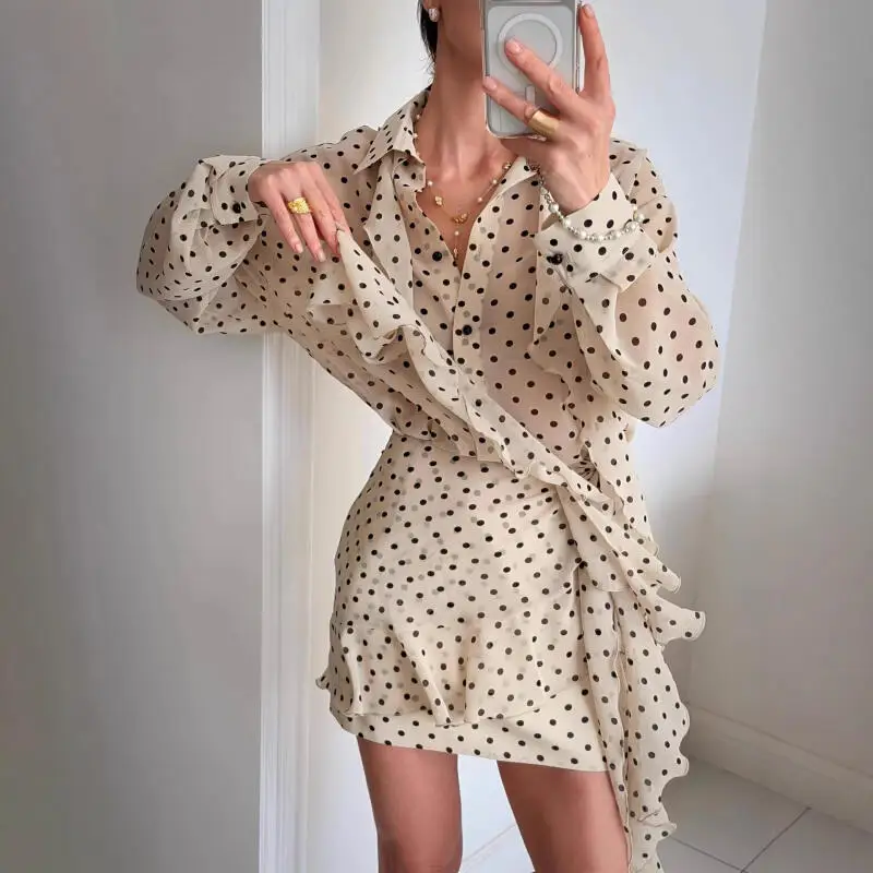 

Шикарное платье в горошек из 2-х частей: мини-платье и рубашка с длинным рукавом. Новая модная женская одежда для офиса и улицы, с завязками, облегающее, элегантное.