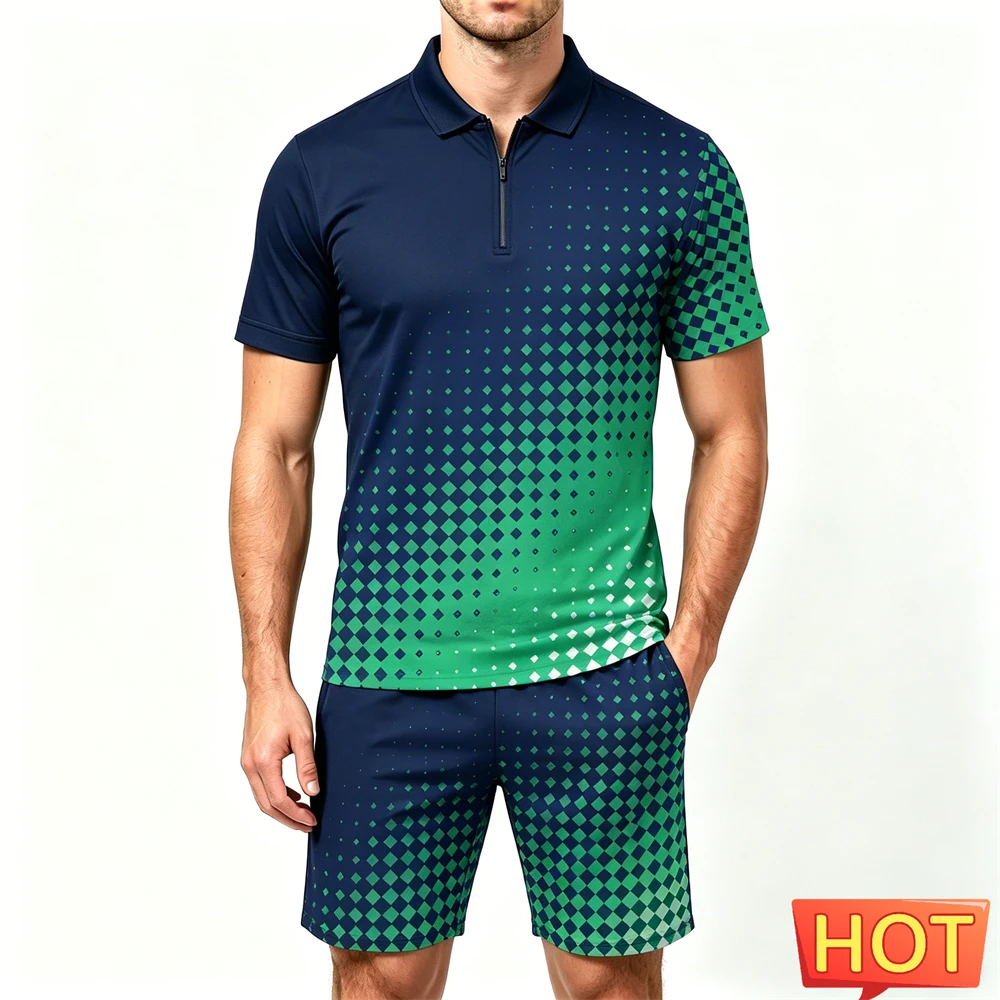 Summer Men's Sets Polka Dot 3D Print Zip Polo Shirt and Shorts 2 Piece Street Fashion Short Sleeve Outfit Casual Loose Man Suit view 4